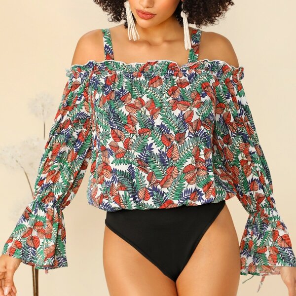 

Frill Cold Shoulder Bell Sleeve Tropical Blouse Bodysuit, Multicolor