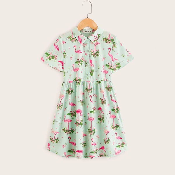 

Girls Flamingo Print Button Up Dress