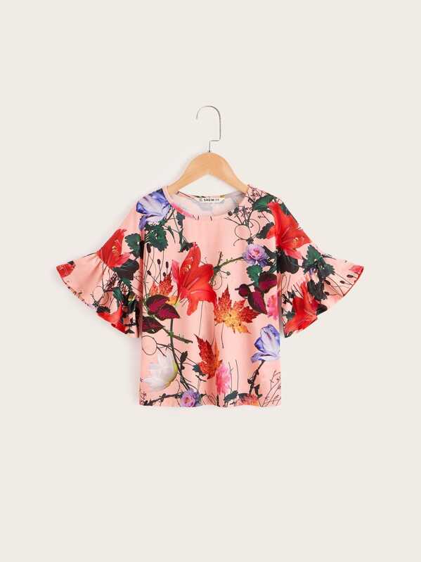 

Girls Floral Print Bell Sleeve Top, Multicolor