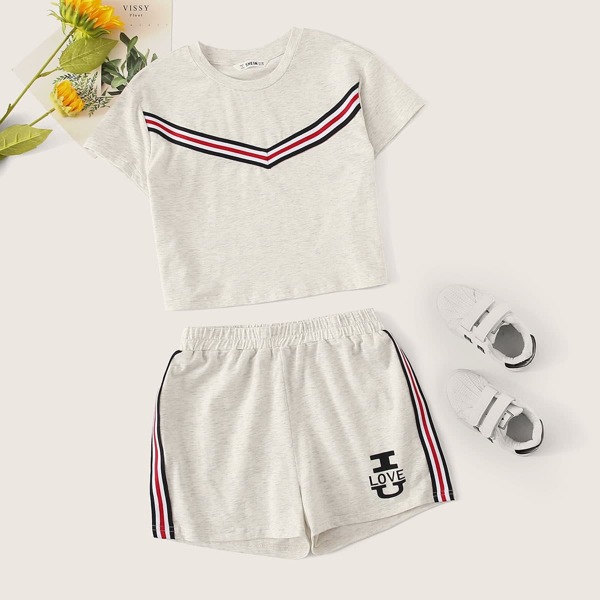 

Girls Striped Tape Top & Letter Print Shorts Set, Grey