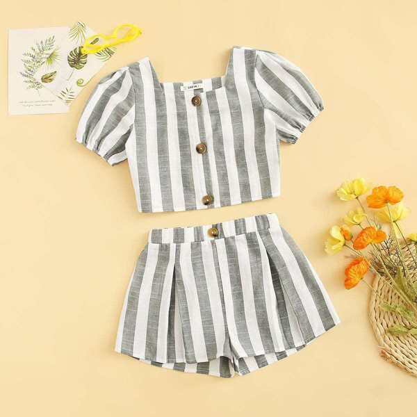 

Girls Striped Lantern Sleeve Top & Shorts Set, Multicolor