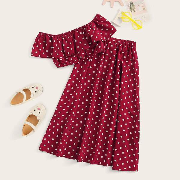 

Girls Polka Dot Ruffle Trim Bardot Top & Skirt Set, Burgundy