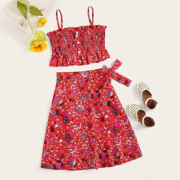 

Girls Shirred Ruffle Hem Cami Top & Skirt Set, Red