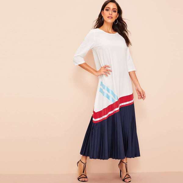 

Colorblock Pleated Hem Hijab Dress, White