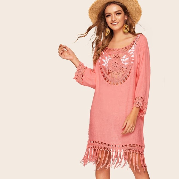 

Crochet Detail Fringe Hem Cover Up
