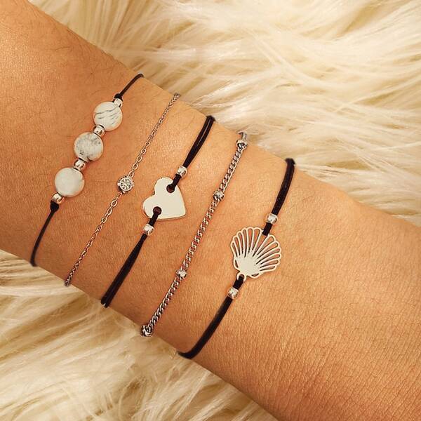 

Shell & Heart Bracelet Set 5pcs, Silver