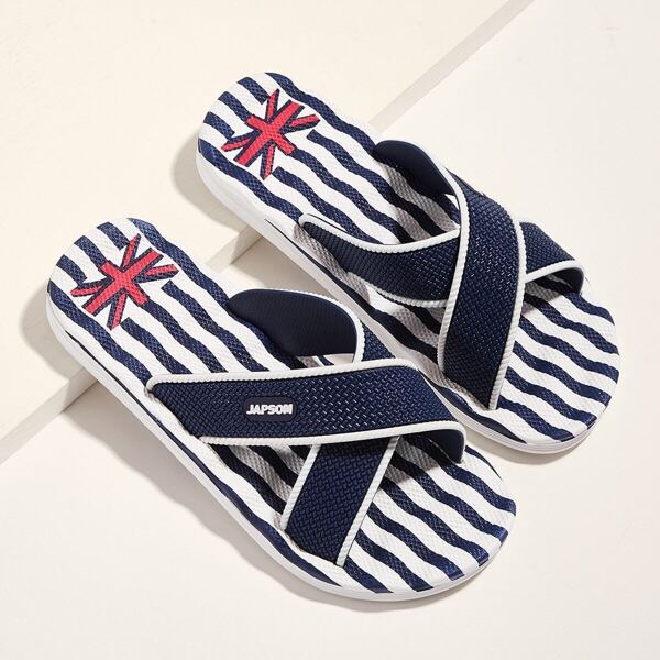 

Men Striped Detail Cross Strap Sliders, Navy