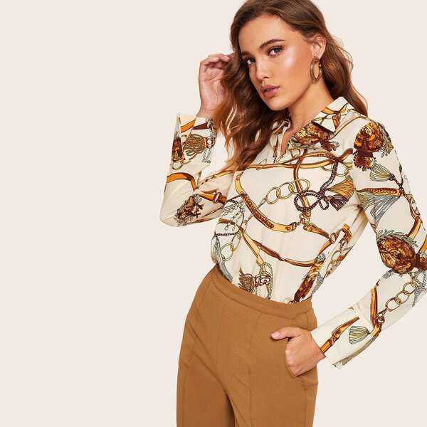 

V Neck Slit Cuff Chain Print Top, Multicolor