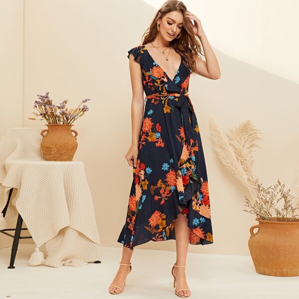 

Asymmetrical Ruffle Hem Surplice Belted Floral Dress