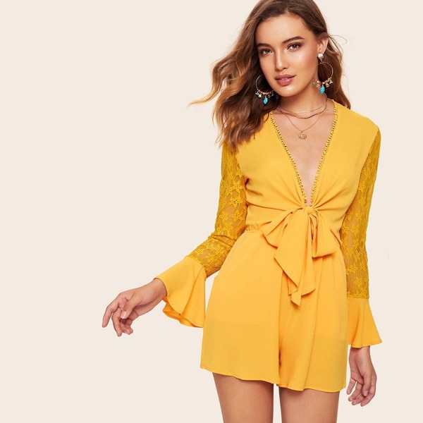 

Lace Insert Flounce Sleeve Knotted Front Romper