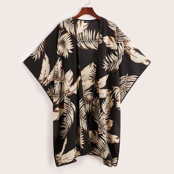 

Slit Hem Tropical Print Kimono, Multicolor