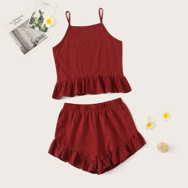 

Girls Solid Ruffle Hem Cami Top & Shorts Set, Burgundy