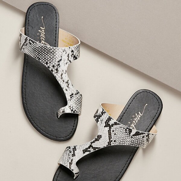 

Snakeskin Toe Loop Asymmetric Band Slide Sandals, Multicolor