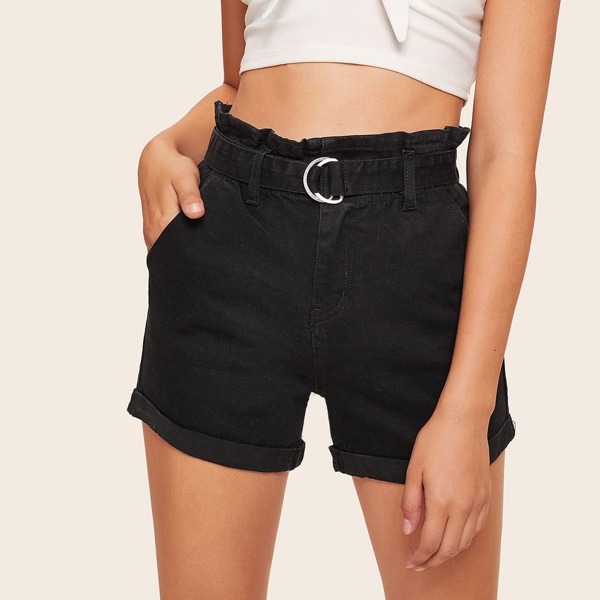 

High Waist Belted Denim Shorts, Black