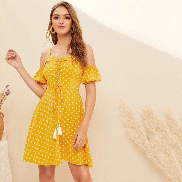 

Polka Dot Cold-shoulder Lace-up Front Cami Dress, Yellow