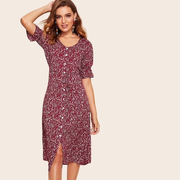 

Ditsy Floral Button Front Belted Dress