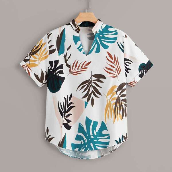 

Plus Tropical Print Curved Hem Blouse