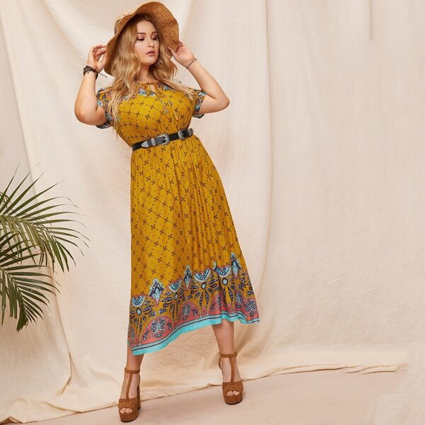 

Plus Tie Neck Paisley Print Dress, Multicolor