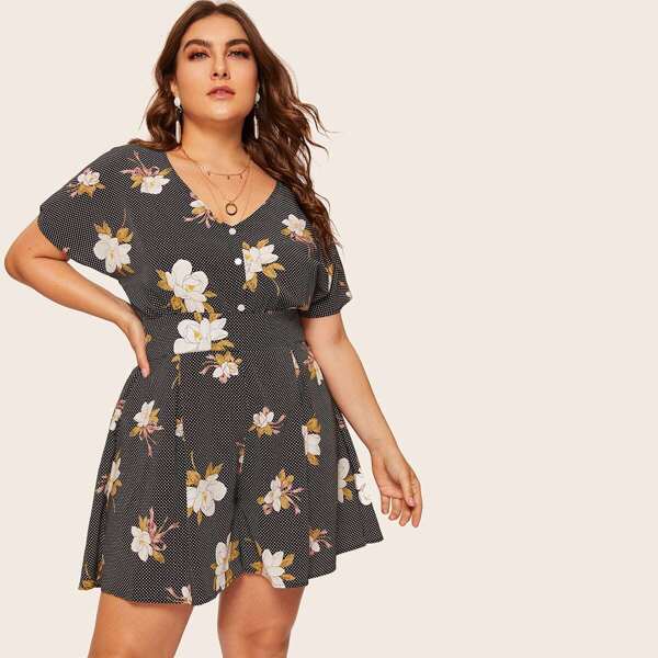 

Plus Polka Dot Floral Print Romper, Multicolor