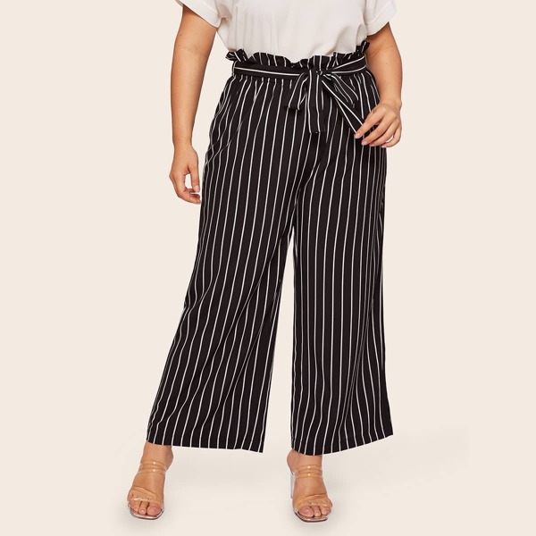 

Plus Wide Leg Striped Paperbag Pants, Black
