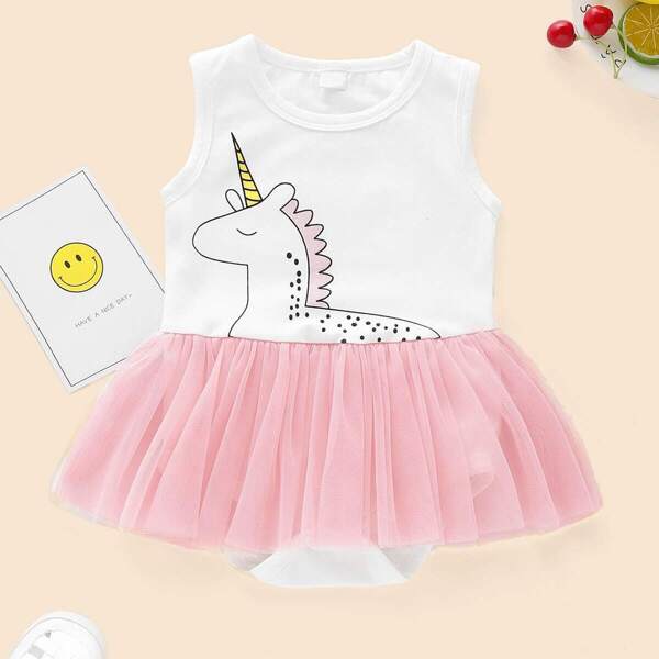 

Baby Unicorn Print Contrast Mesh Tank Romper