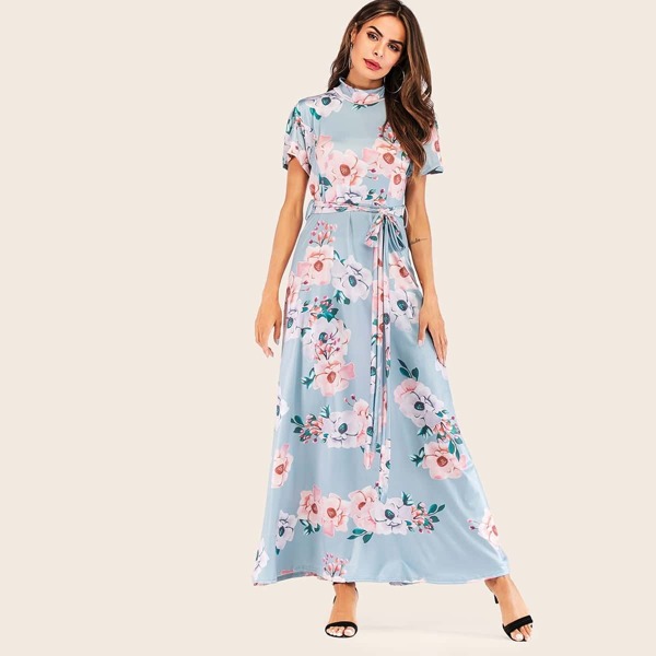 

Floral Print Belted Stand Collar Dress