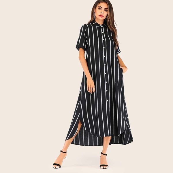 

Striped Asymmetrical Hem Trim Button Front Shirt Dress
