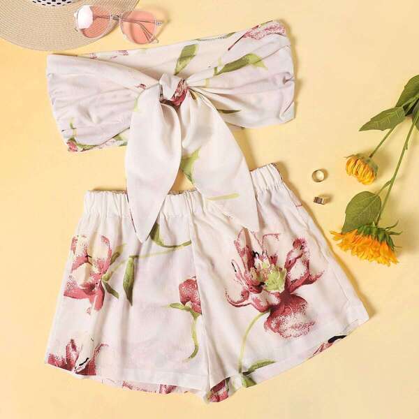 

Floral Print Knot Tube Top With Shorts