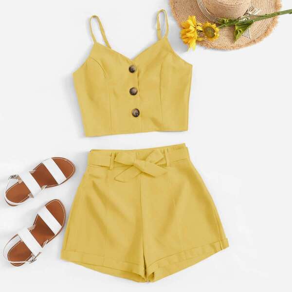 

Button Front Crop Cami Top With Shorts