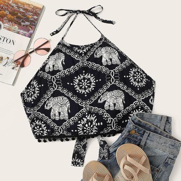 

Elephant Print Crop Halter Top