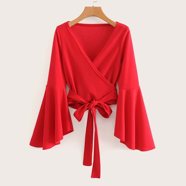 

Flounce Sleeve Belted Surplice Blouse, Red