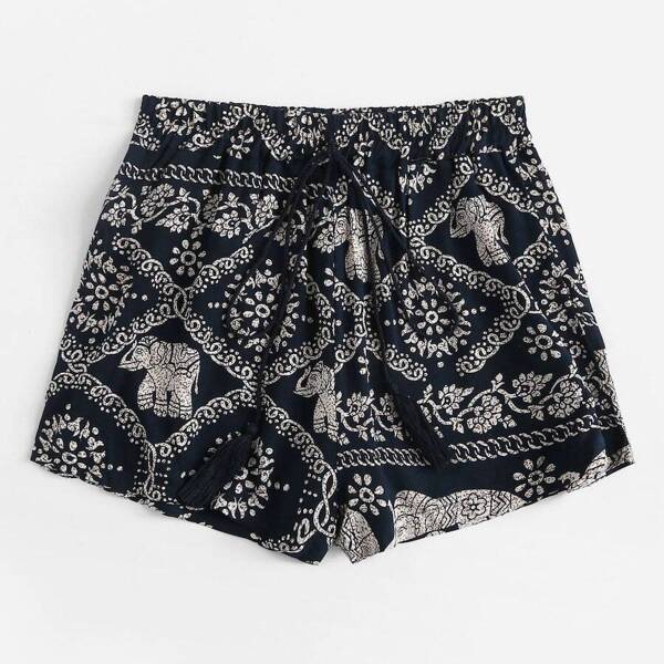 

Plus Knot Front Elephant Print Shorts