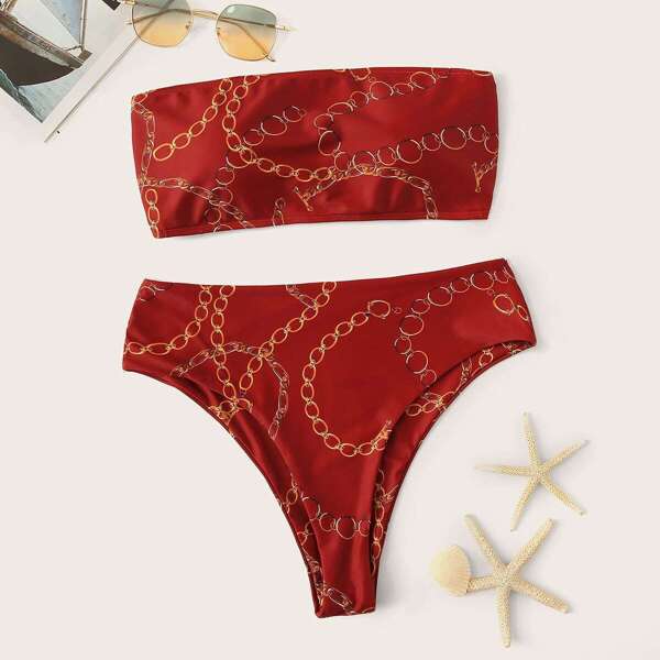 

Chain Print Bandeau With High Waist Bikini Set, Red