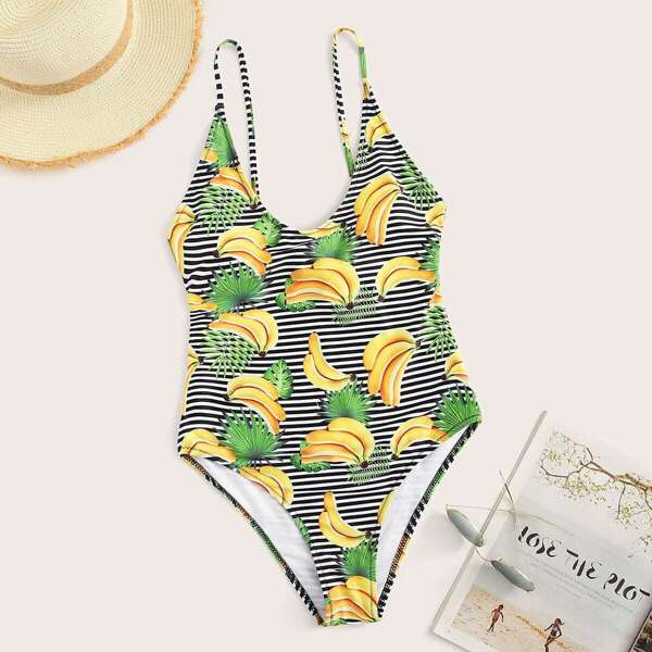 

Banana & Striped Print One Piece Swimwear