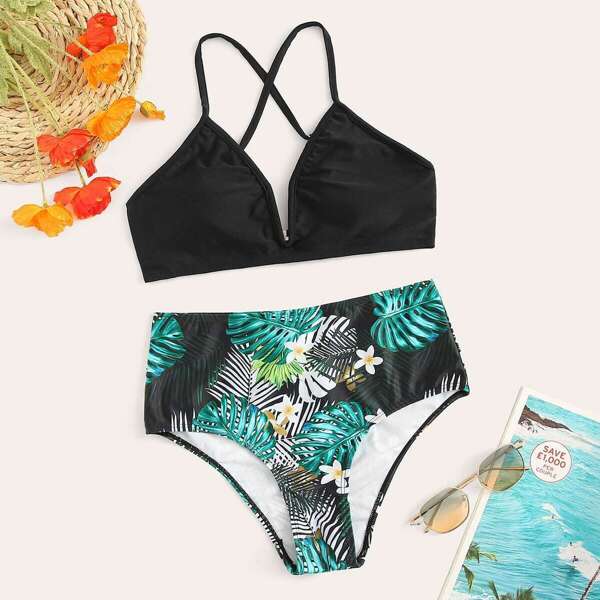 

Criss Cross Top With Random Tropical Bikini, Multicolor