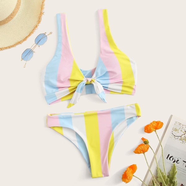 

Striped Colorblock Knot Front Bikini Set, Multicolor