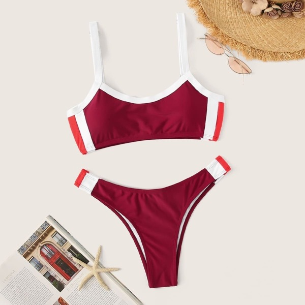 

Colorblock Scoop Neck Top With High Cut Bikini