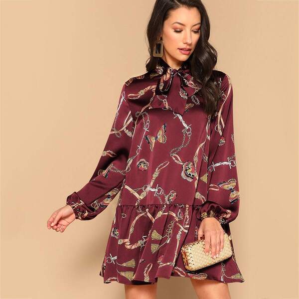 

Tie Neck Chain Print Drop Waist Satin Dress