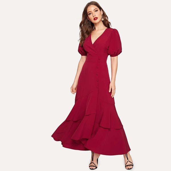 

Layered Ruffle Hem Puff Sleeve Hijab Dress, Burgundy