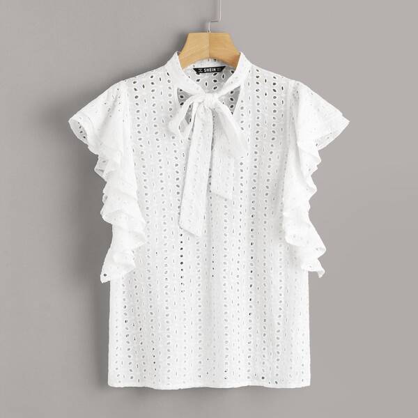 

Schiffy Eyelet Tie Neck Ruffle Top