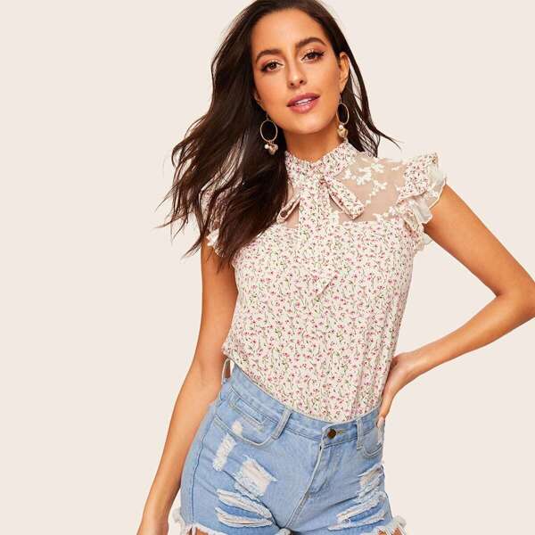 

Ditsy Floral Tie Neck Embroidered Mesh Yoke Top