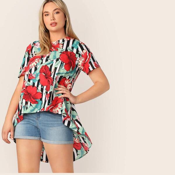 

Plus Asymmetrical Hem Tropical & Stripe Print Top, Multicolor