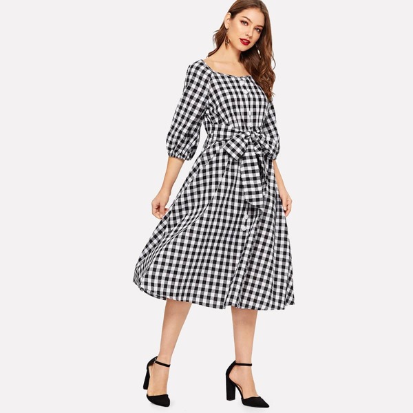 

Button Detail Belted Gingham Dress