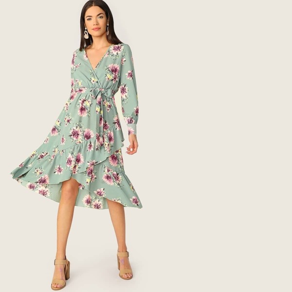 

Ruffle Trim Surplice Belted Floral Dress, Green
