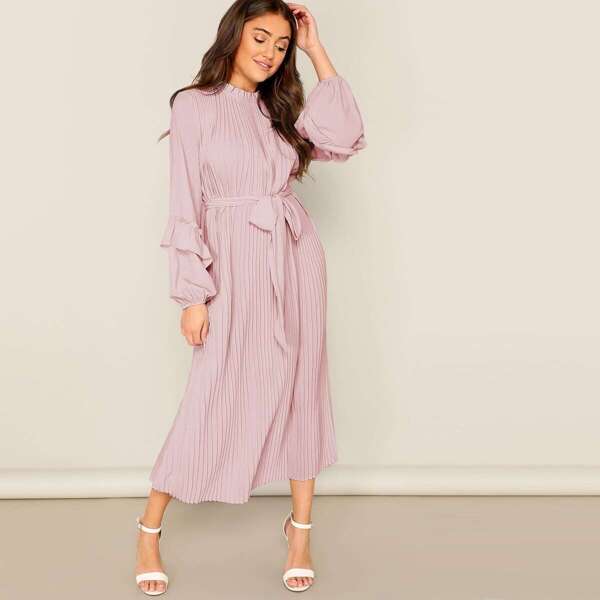 

Mock Neck Ruffle Lantern Sleeve Pleated Belted Dress, Pink pastel