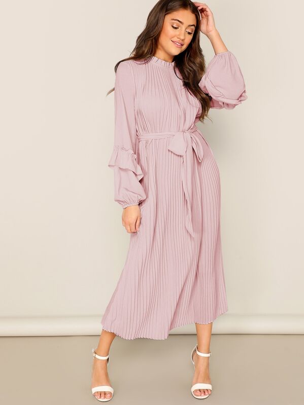 

Mock Neck Ruffle Lantern Sleeve Pleated Belted Dress, Pink, Clara Wilsey