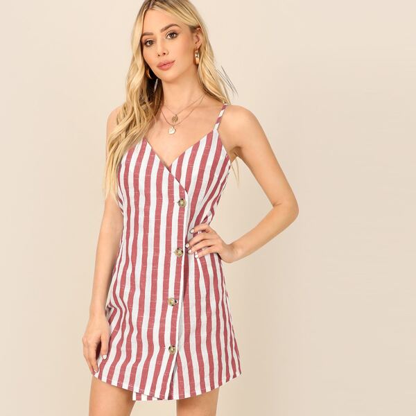 

Asymmetric Buttoned Placket Striped Cami Dress, Red