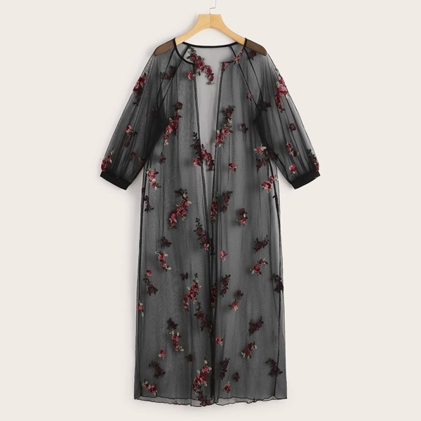 

Floral Embroidered Raglan Sleeve Sheer Mesh Kimono, Black