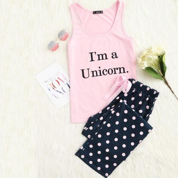 

Plus Slogan Print Tank Top & Polka Dot Pants PJ Set, Multicolor