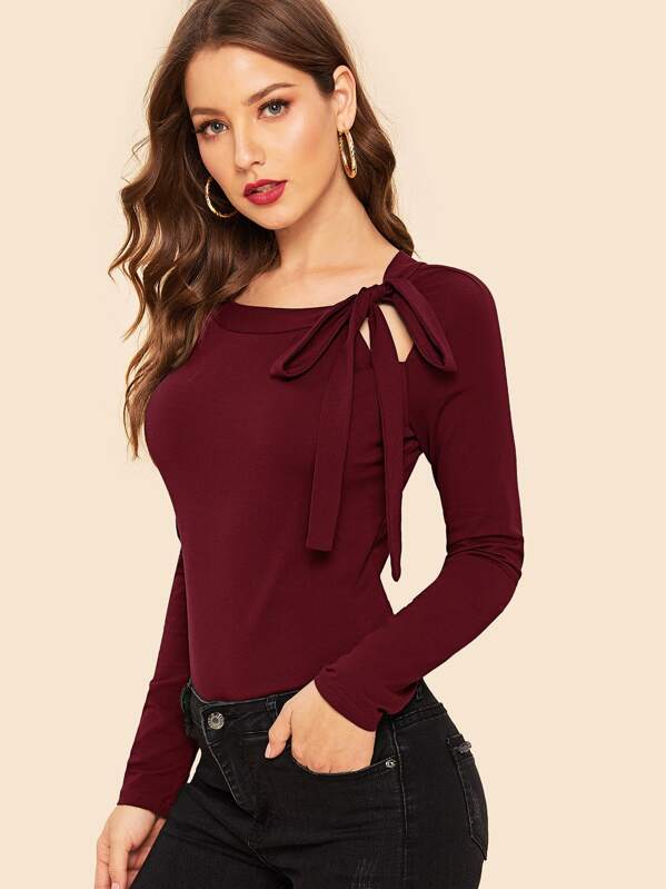 

Tie Neck Raglan Sleeve Top, Burgundy, Debi Cruz